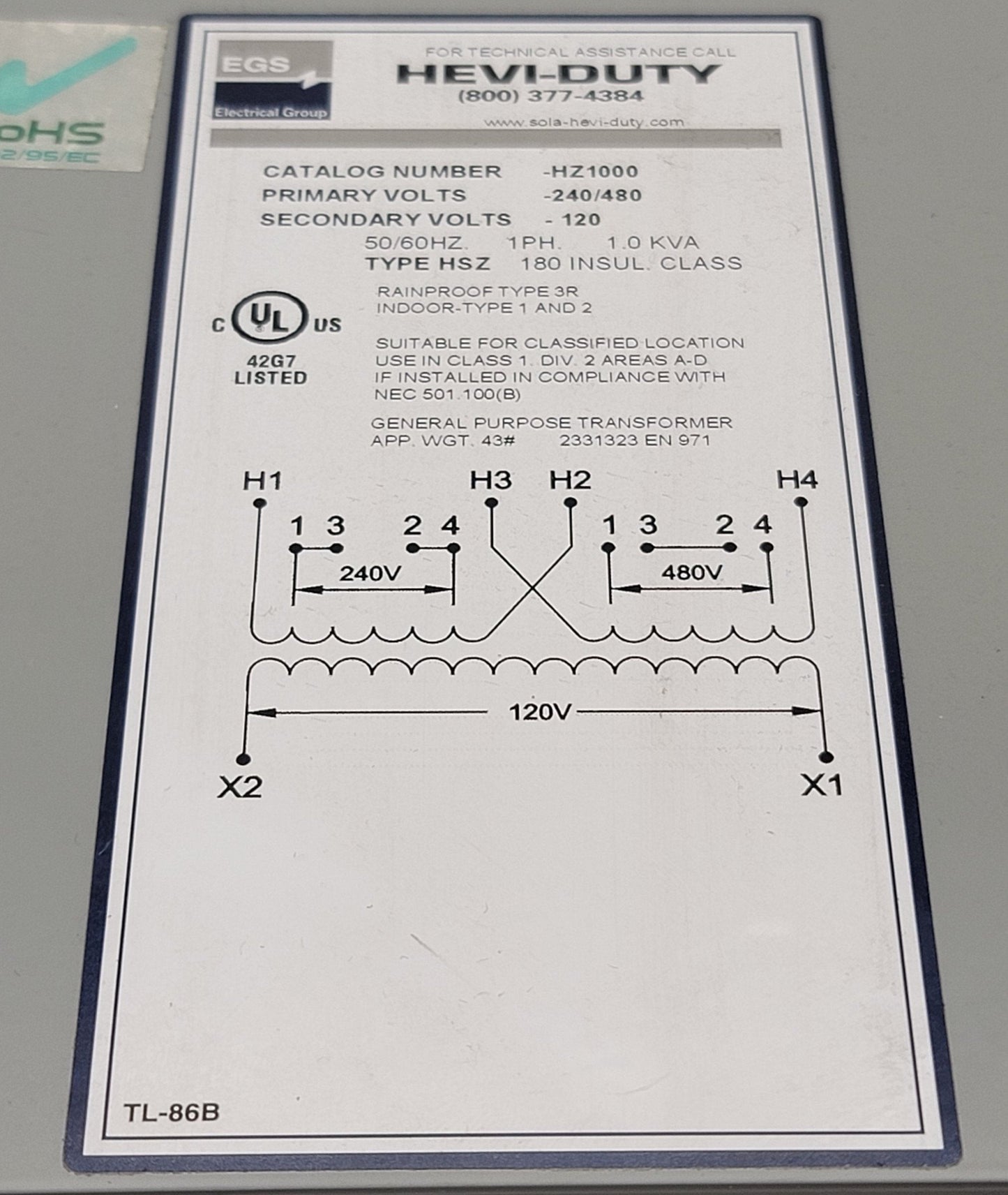 Used Sola Hevi-Duty HZ1000 Industrial Control Transformer In: 240/480V Out: 120V 1kVA