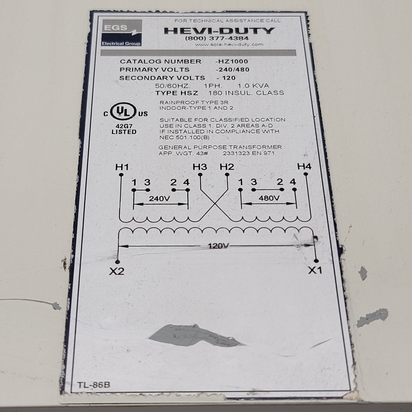 Used Sola Hevi-Duty HZ1000 Industrial Control Transformer In 240/480V, Out 120V 1kVA