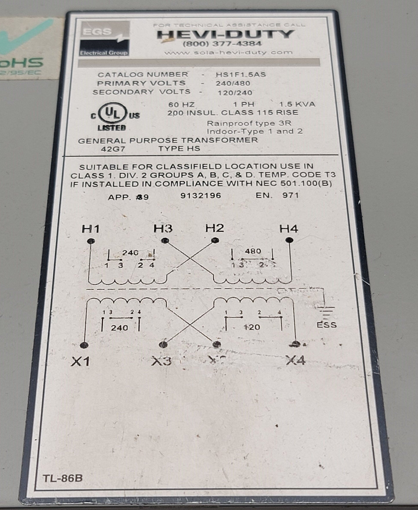 Used Sola Hevi-Duty HS1F1.5AS General Purpose Transformer In: 240/480V, Out: 120/240V