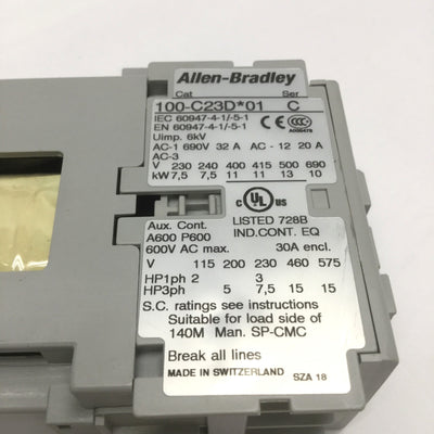Used Allen Bradley 100-C23DJ01 Motor Contactor Relay 30A, 3-Pole + 1NC, 24VDC Coil