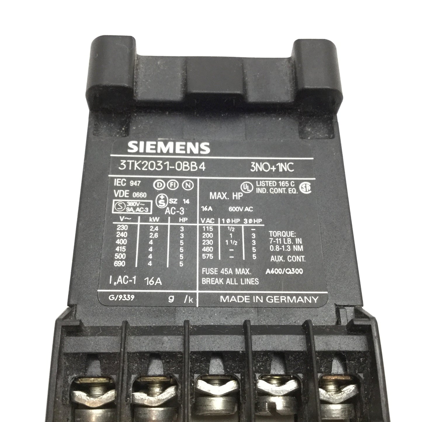 Used Siemens 3TK2031-0BB4 Contactor, 4-Pole 3x N/O 1x N/C, Coil: 24VDC, 16A 600VAC