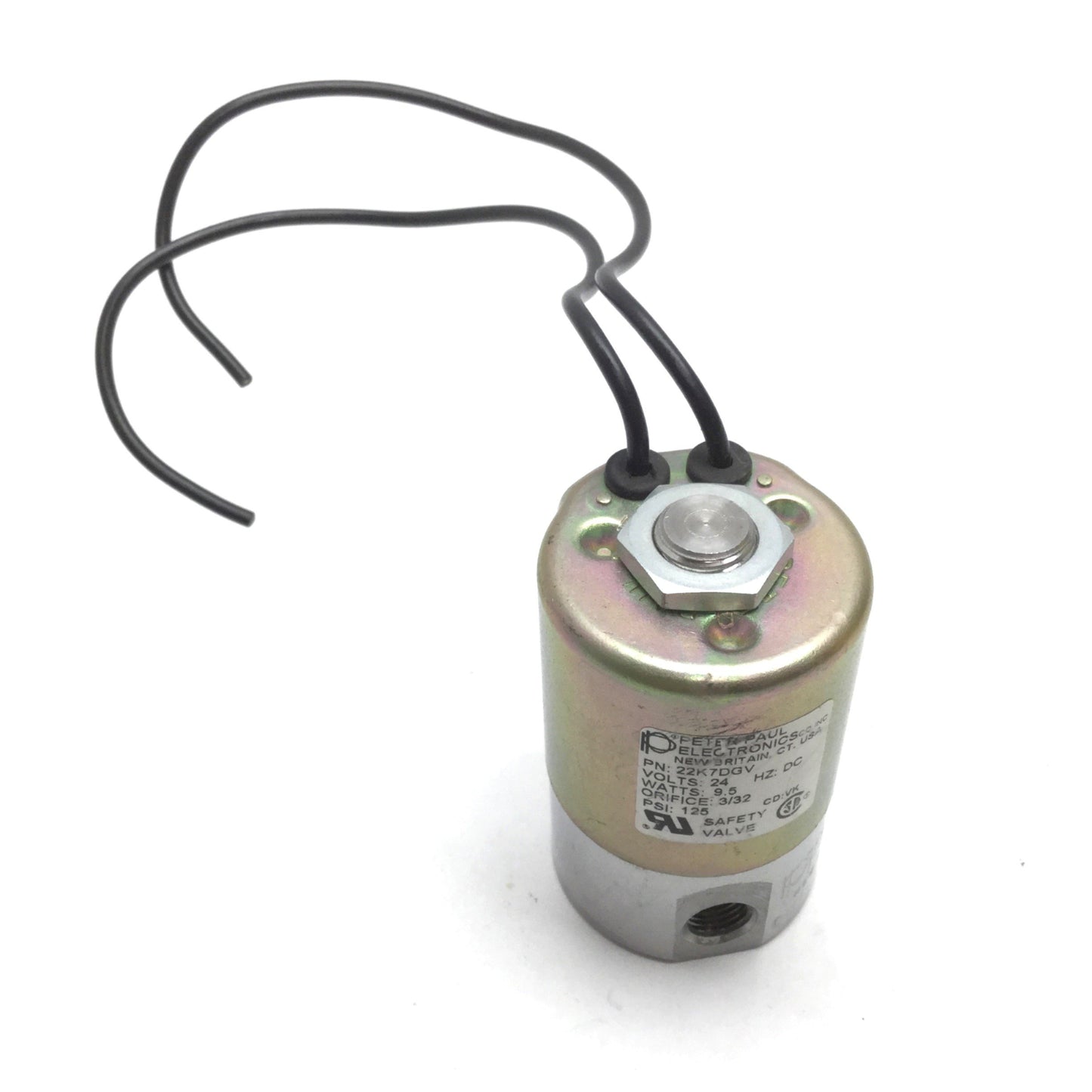 Used Peter Paul 22K7DGV Solenoid Valve, 2-Way N/C, 24VDC 9.5W, 125psi, 1/8" NPT