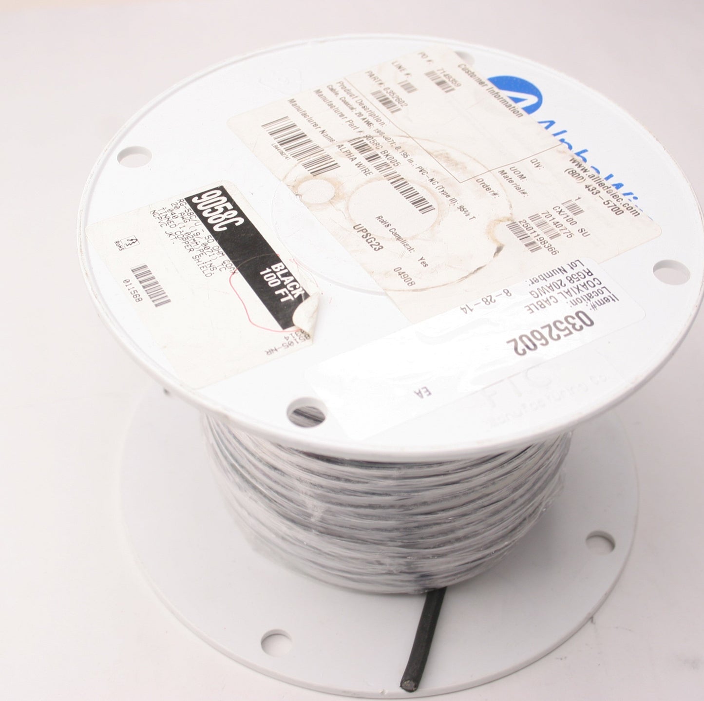 New – Open box AlphaWire 9058c BK005 Coaxial Cable Spool 20 AWG, Black, 100', Shielded