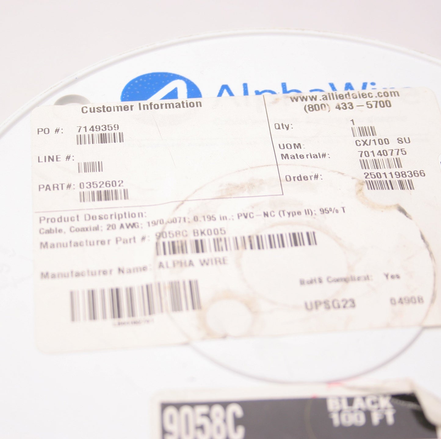 New – Open box AlphaWire 9058c BK005 Coaxial Cable Spool 20 AWG, Black, 100', Shielded