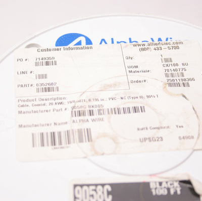 New – Open box AlphaWire 9058c BK005 Coaxial Cable Spool 20 AWG, Black, 100', Shielded