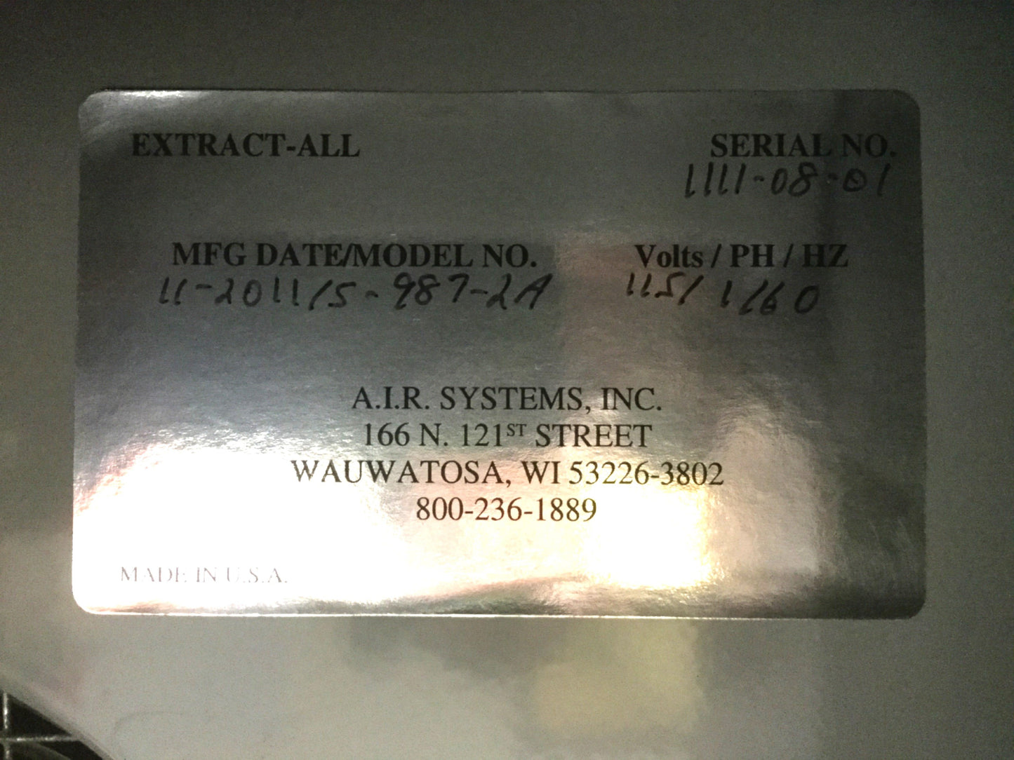 Used Air Systems S-987-2A Extract-All Fume Dust Smoke Extraction Cleaning HEPA Filter