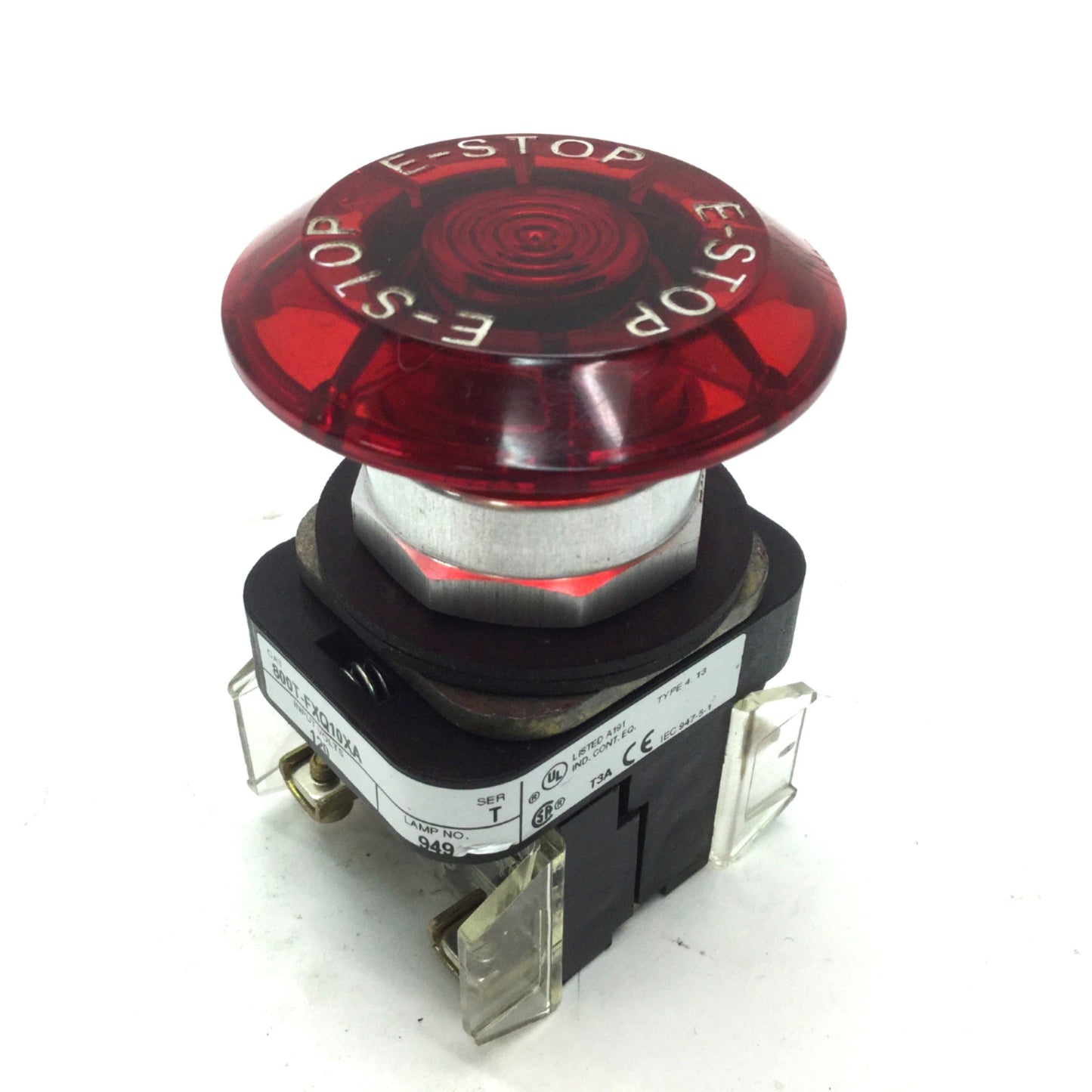 Used Allen-Bradley 800T-FXQ10XA E-Stop, 1 N.O. 1 N.C., 120VAC Lamp, 800T-XA
