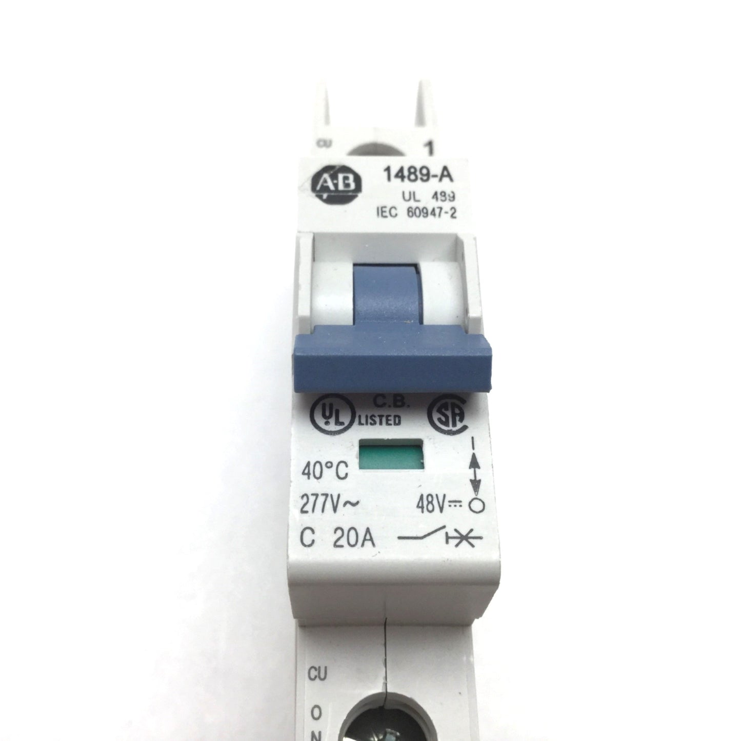 Used Allen Bradley 1489-A1C200 Circuit Breaker, 1-Pole, 20A 277VAC 48VDC, C-Curve DIN