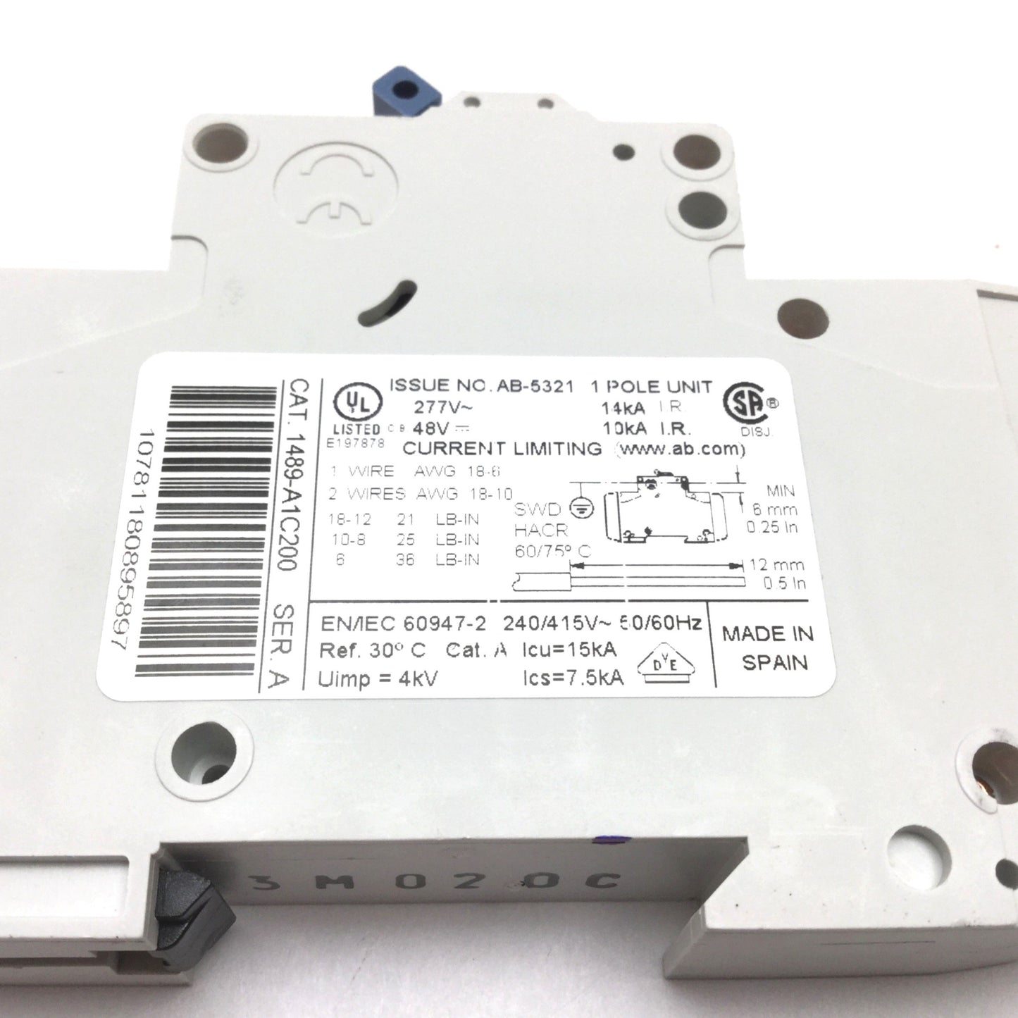 Used Allen Bradley 1489-A1C200 Circuit Breaker, 1-Pole, 20A 277VAC 48VDC, C-Curve DIN