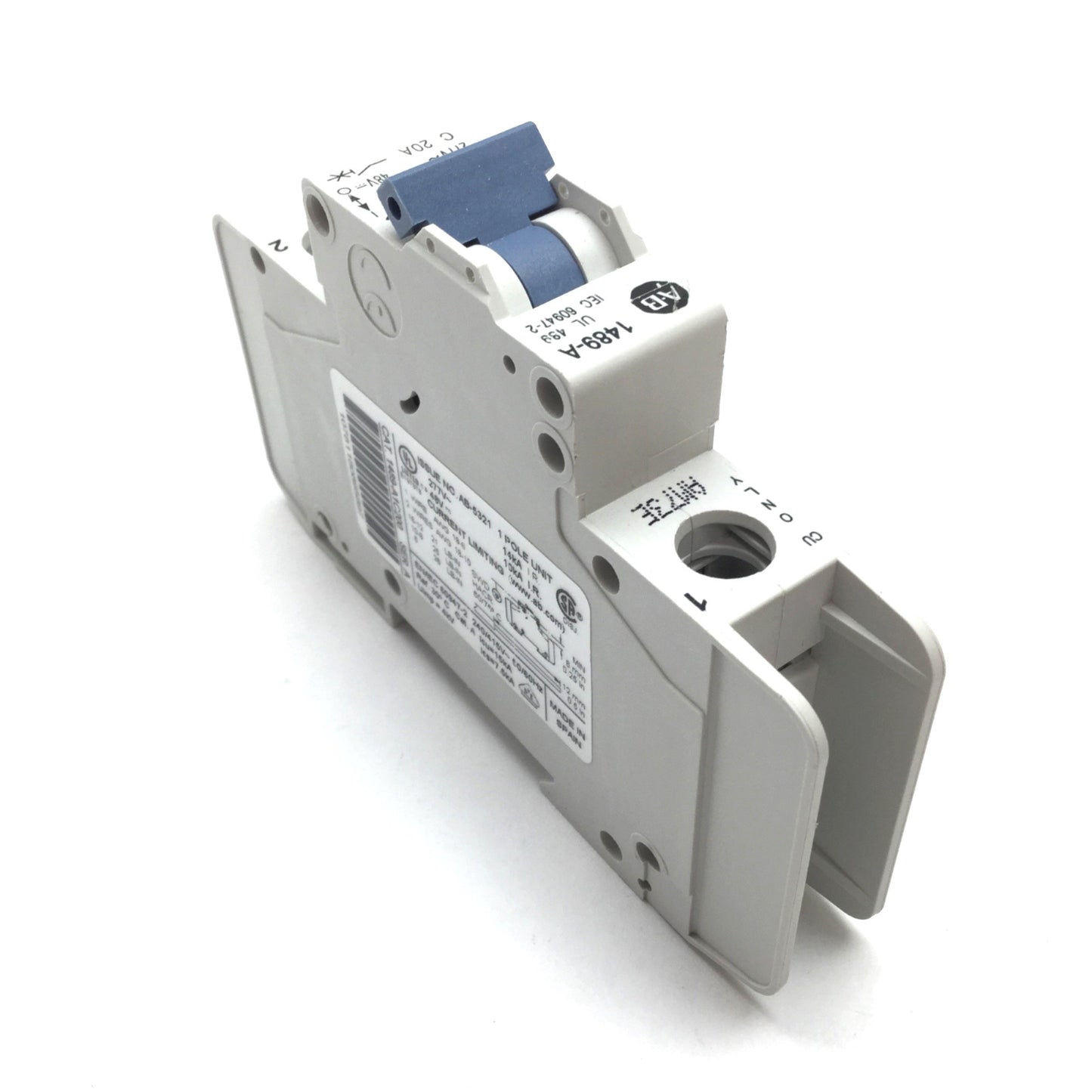 Used Allen Bradley 1489-A1C200 Circuit Breaker, 1-Pole, 20A 277VAC 48VDC, C-Curve DIN