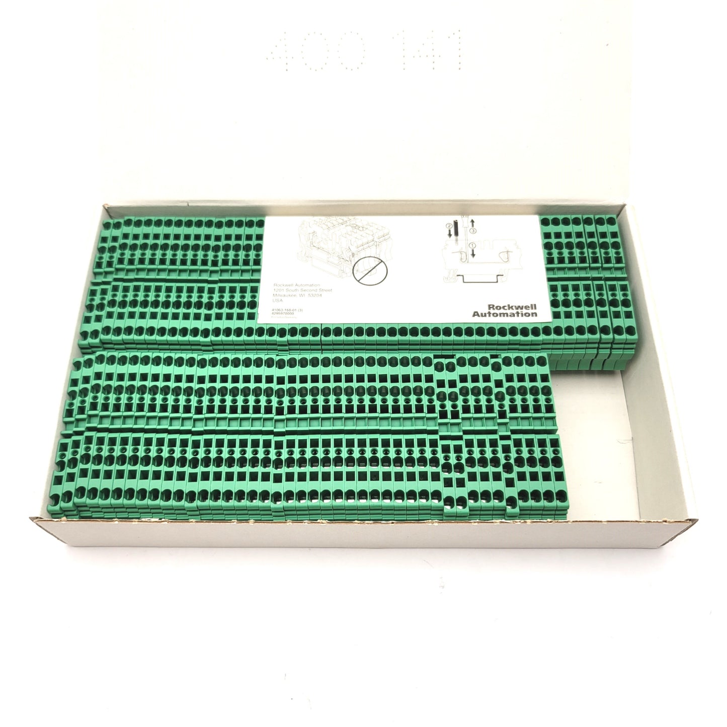 New – Open box Box Of 92 Allen Bradley 1492-L3Q-G Feed Through Terminal Blocks, 800V AC/DC, 24A