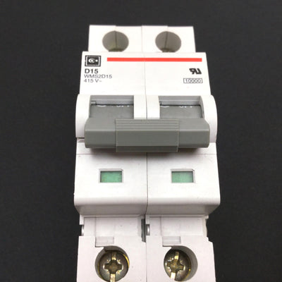Used Cutler Hammer WMS2D15 Circuit Breaker, 2-Pole, 15A 415VAC, D-Curve, DIN Rail