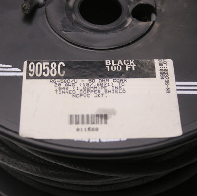 New – Open box Alpha Wire 9058C Coaxial Cable Spool 20 AWG Black ~100' Tinned Copper Shielded