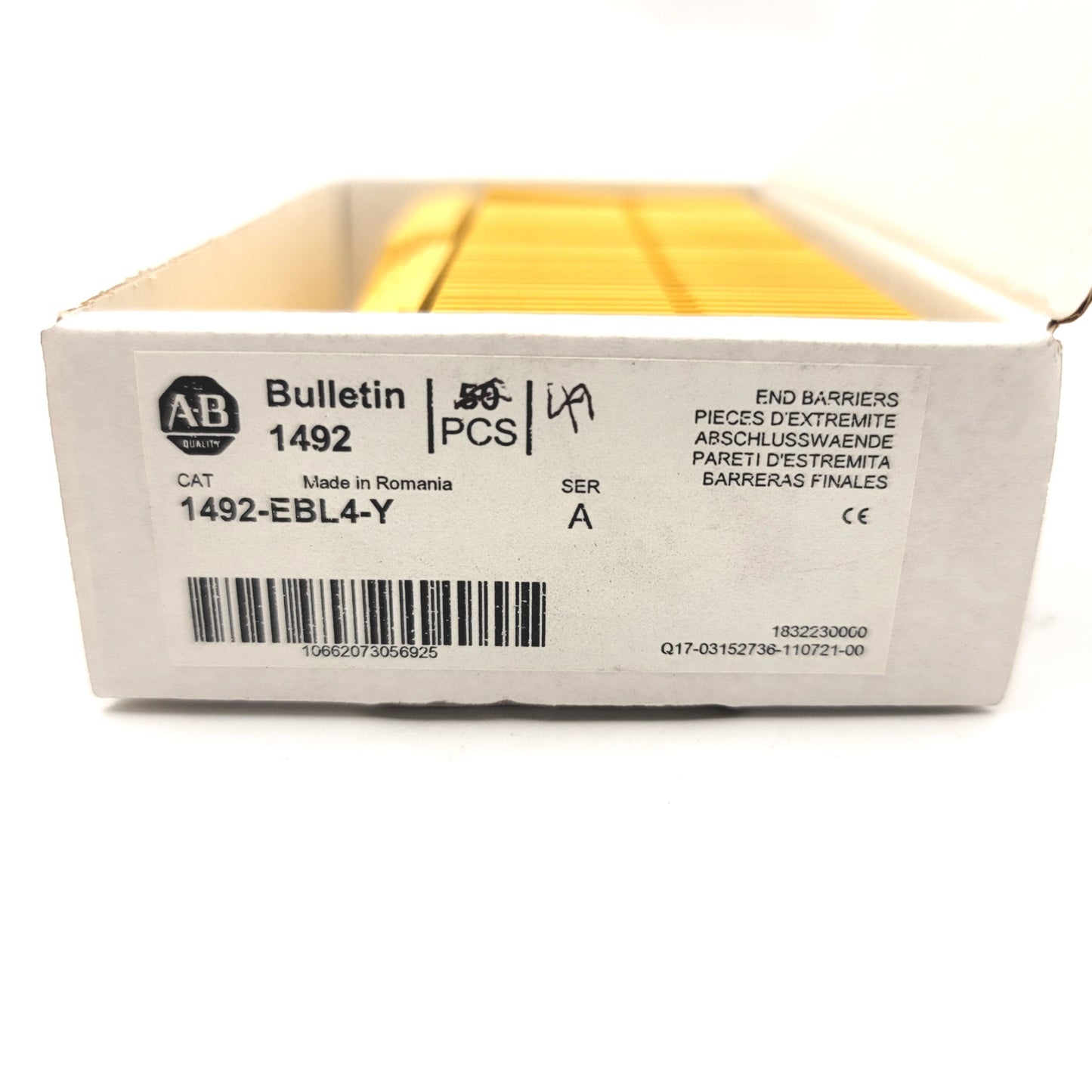 New – Open box Box Of 49 Allen Bradley 1492-EBL4-Y Ser. A Yellow End Barriers For 1492-L4/LG4