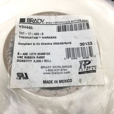 New Brady THT-17-428-3 30133 Thermatab Markers, Roll of 3000, 3" Core, 1" H x 2" W