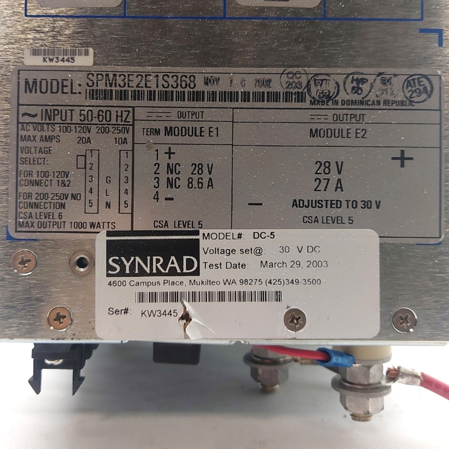 Used Synrad DC-5 LASER Power Supply, Out: 30VDC 33A In: 90-132/175-264VAC 20A 50/60Hz