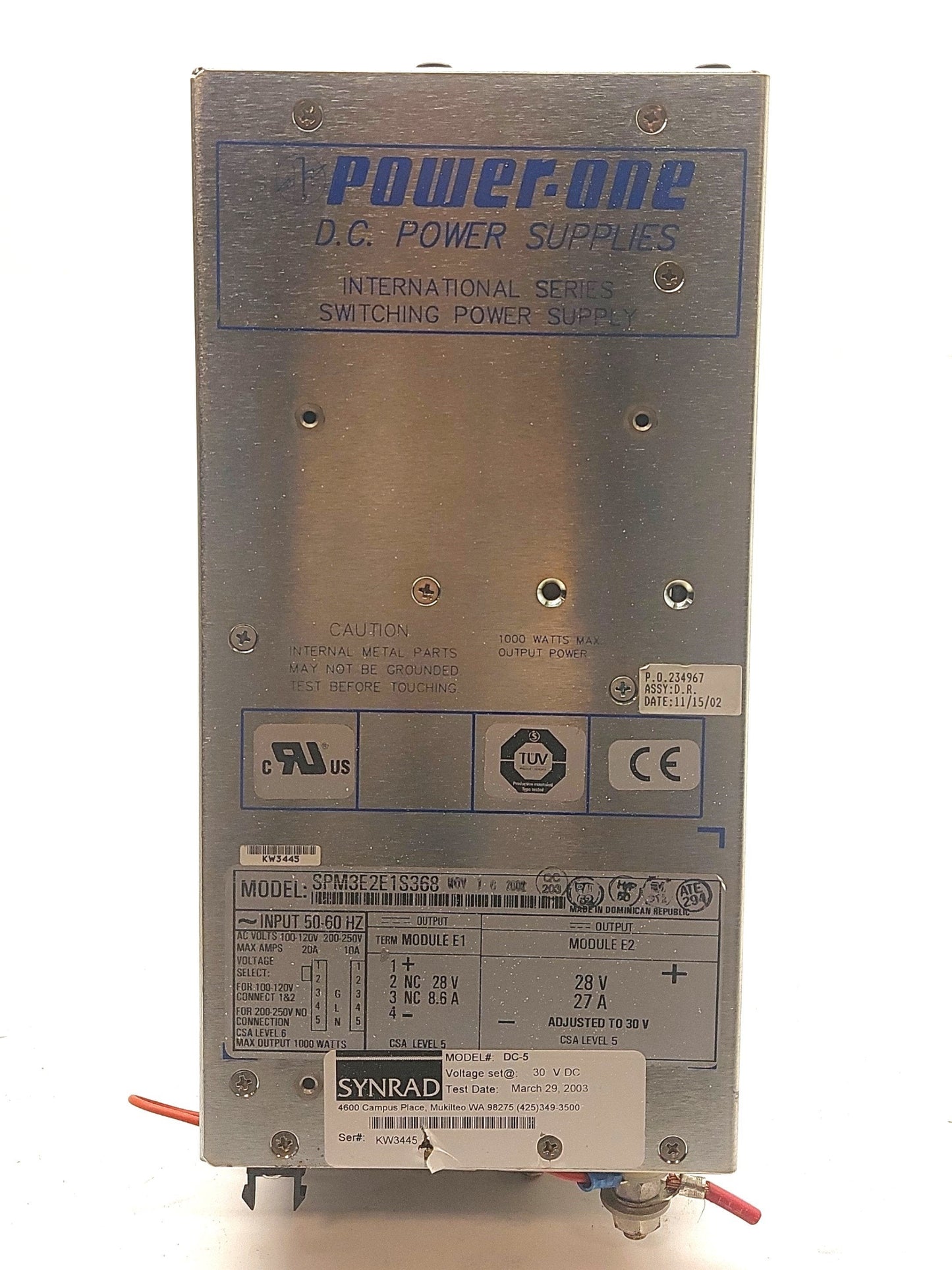 Used Synrad DC-5 LASER Power Supply, Out: 30VDC 33A In: 90-132/175-264VAC 20A 50/60Hz