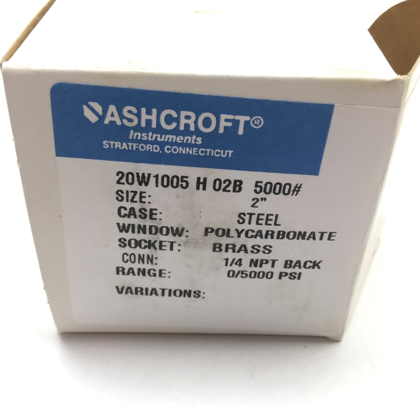 New – Open box Ashcroft 20W1005 H 02B 5000# Pressure Gauge, 0-5000psi, Size: 2", 1/4" NPT