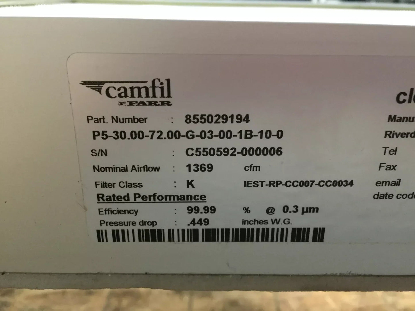 Used Camfil Farr 855029194 Panel HEPA Air Filter 30" x 72" Eff. 99.9991@0.3µm 1369CFM