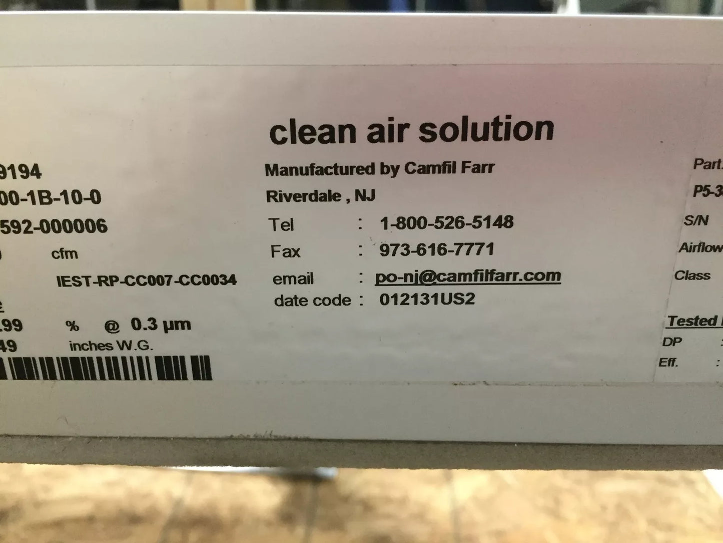 Used Camfil Farr 855029194 Panel HEPA Air Filter 30" x 72" Eff. 99.9991@0.3µm 1369CFM