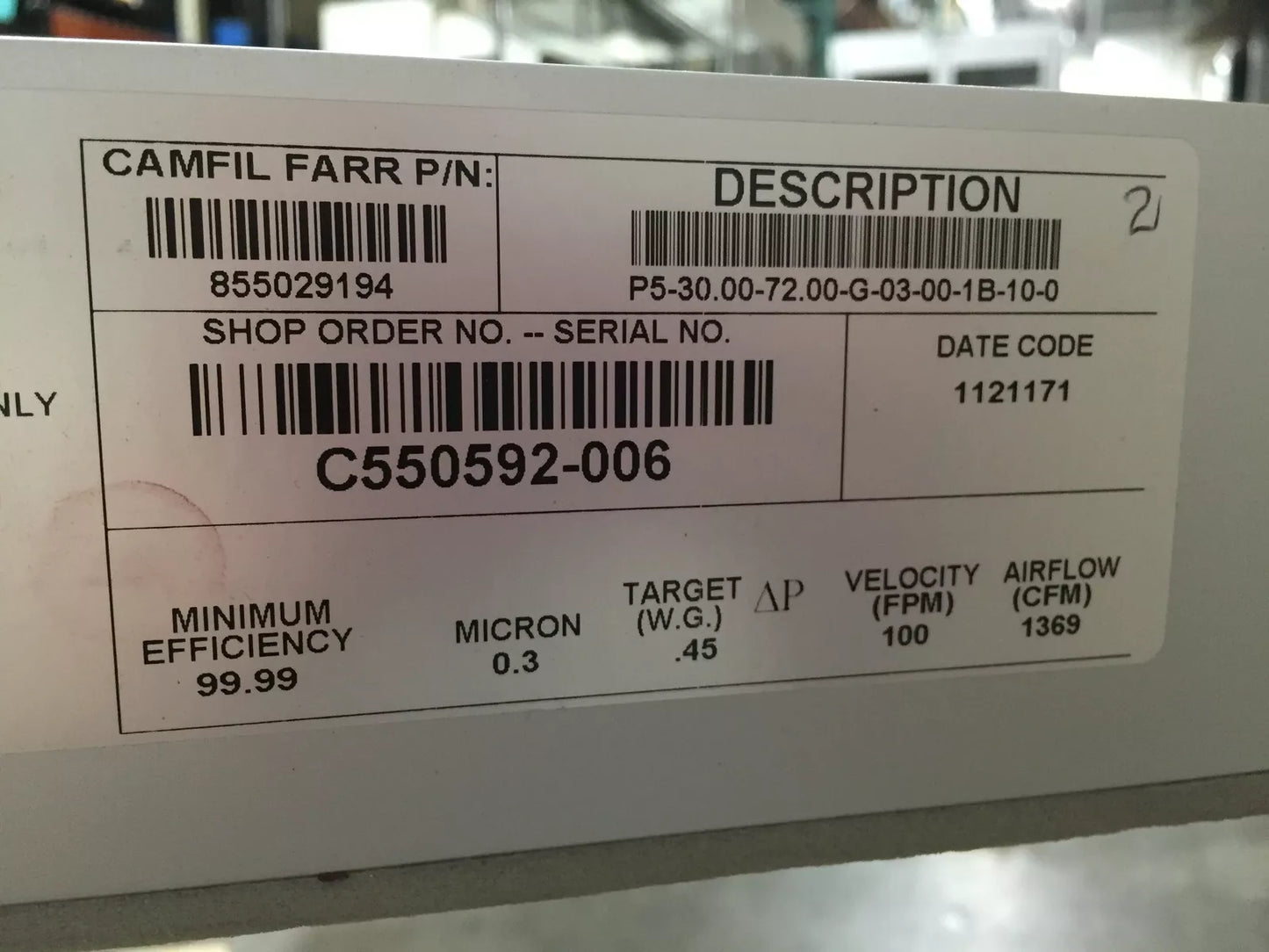 Used Camfil Farr 855029194 Panel HEPA Air Filter 30" x 72" Eff. 99.9991@0.3µm 1369CFM