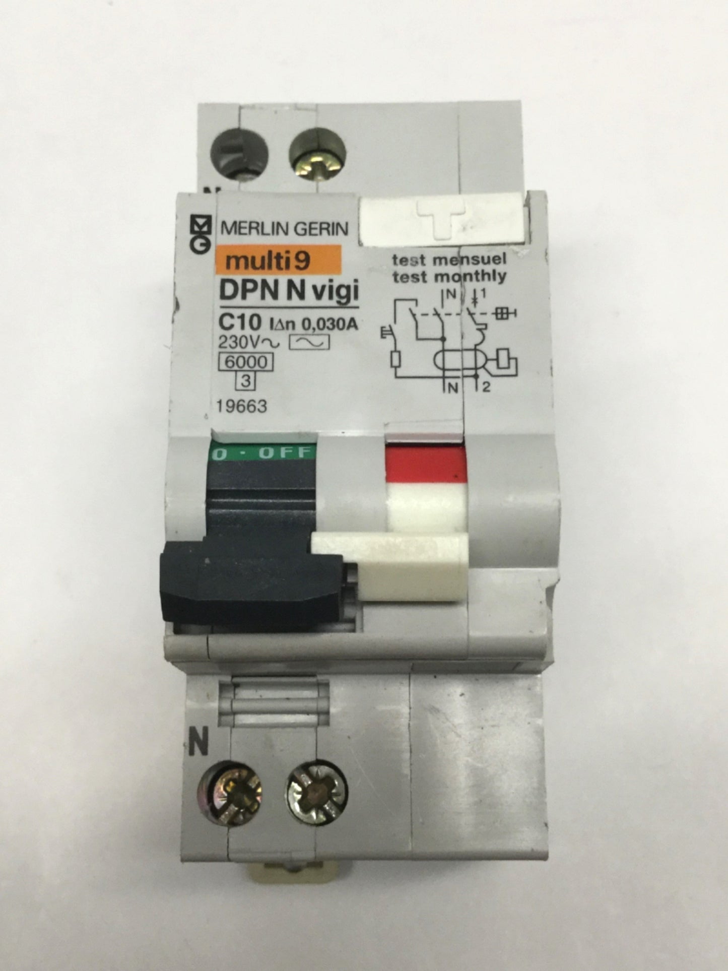 Used Merlin Gerin 19663 Multi9 DPN N vigi C10 Circuit Breaker, 2-Pole, 10A, 230VAC