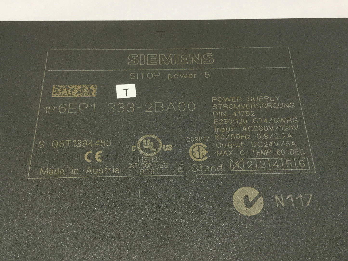 Used Siemens 6EP1 333-2BA00 SITOP Power 5 Supply, 230/120VAC 2.2A In, 24VDC/5A Out