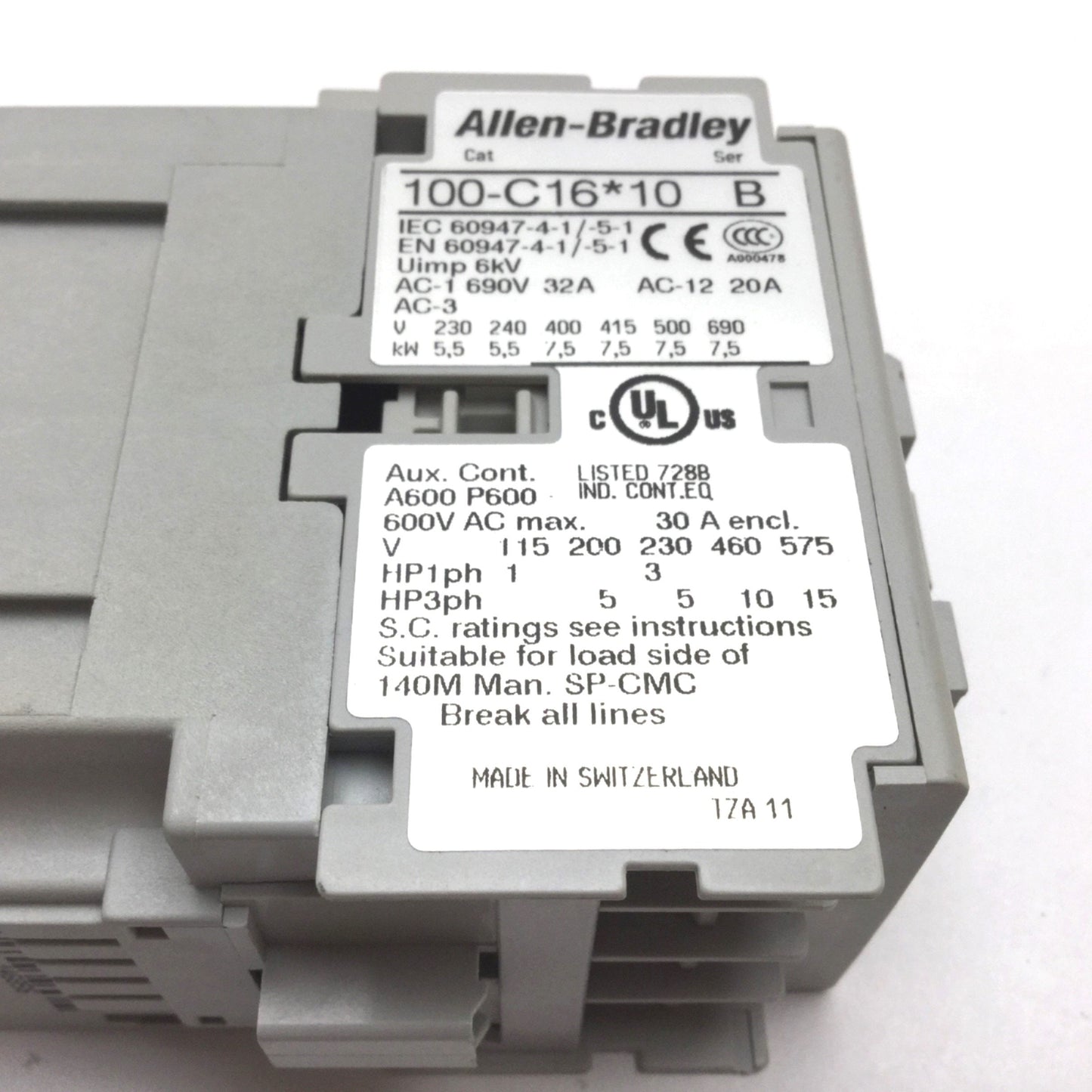 Used Allen Bradley 100-C16*10 Contactor, 3-Pole W/ N/O Aux, Coil: 230VAC, 600VAC 30A