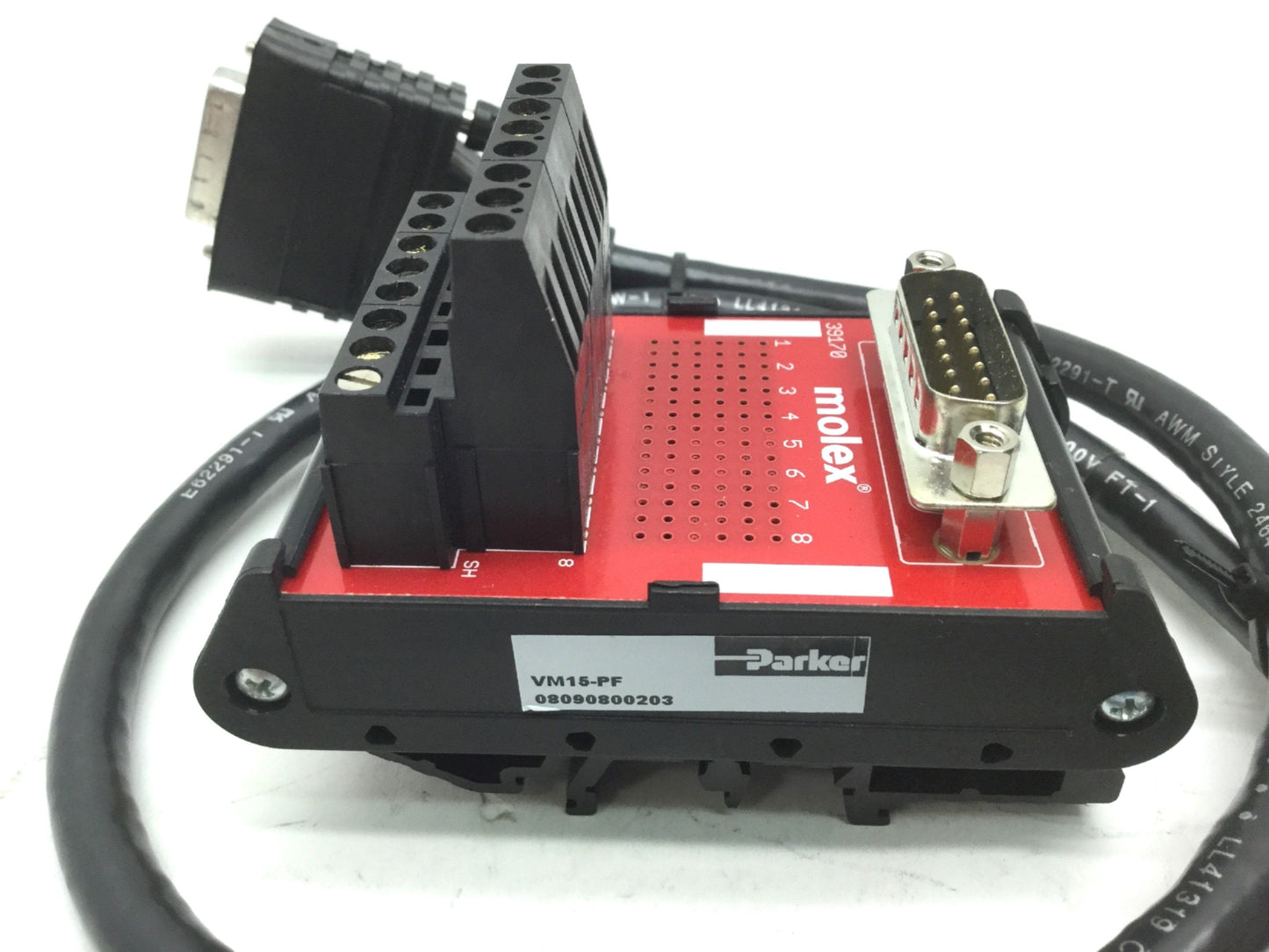 Used Parker VM15-PF Molex 15-Pin Breakout Module Din Rail Mount w/ 2' Cable