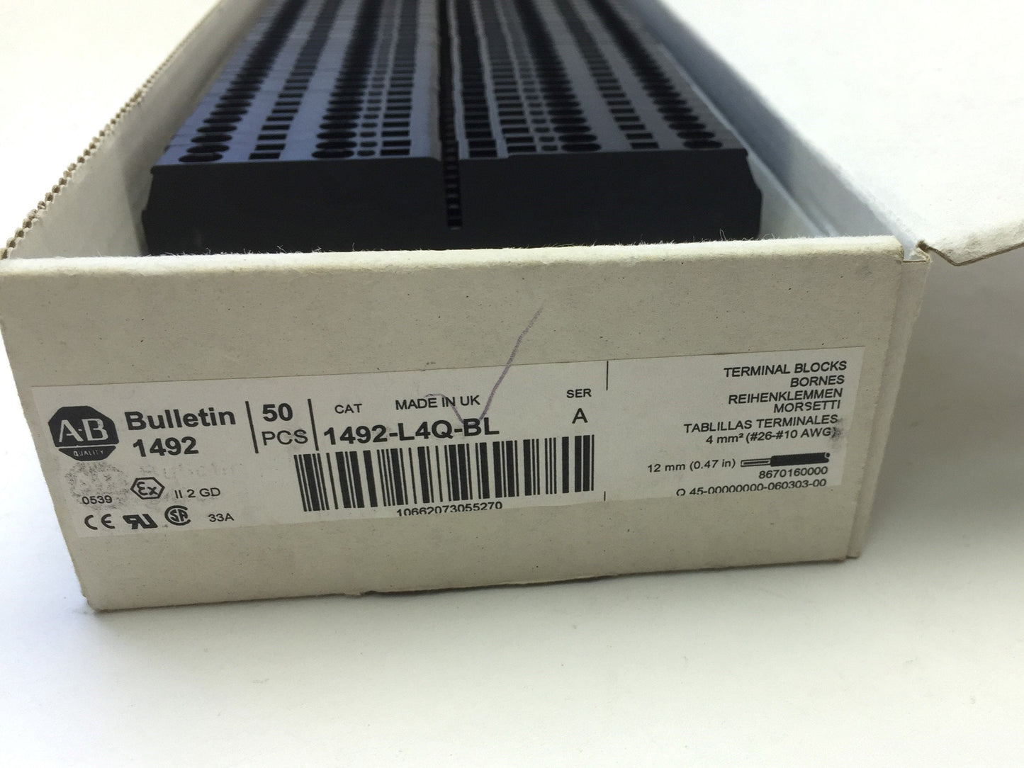 New – Open box Lot of 41 New Allen Bradley 1492-L4Q-BL IEC Terminal Block, Black, Spring Clamp