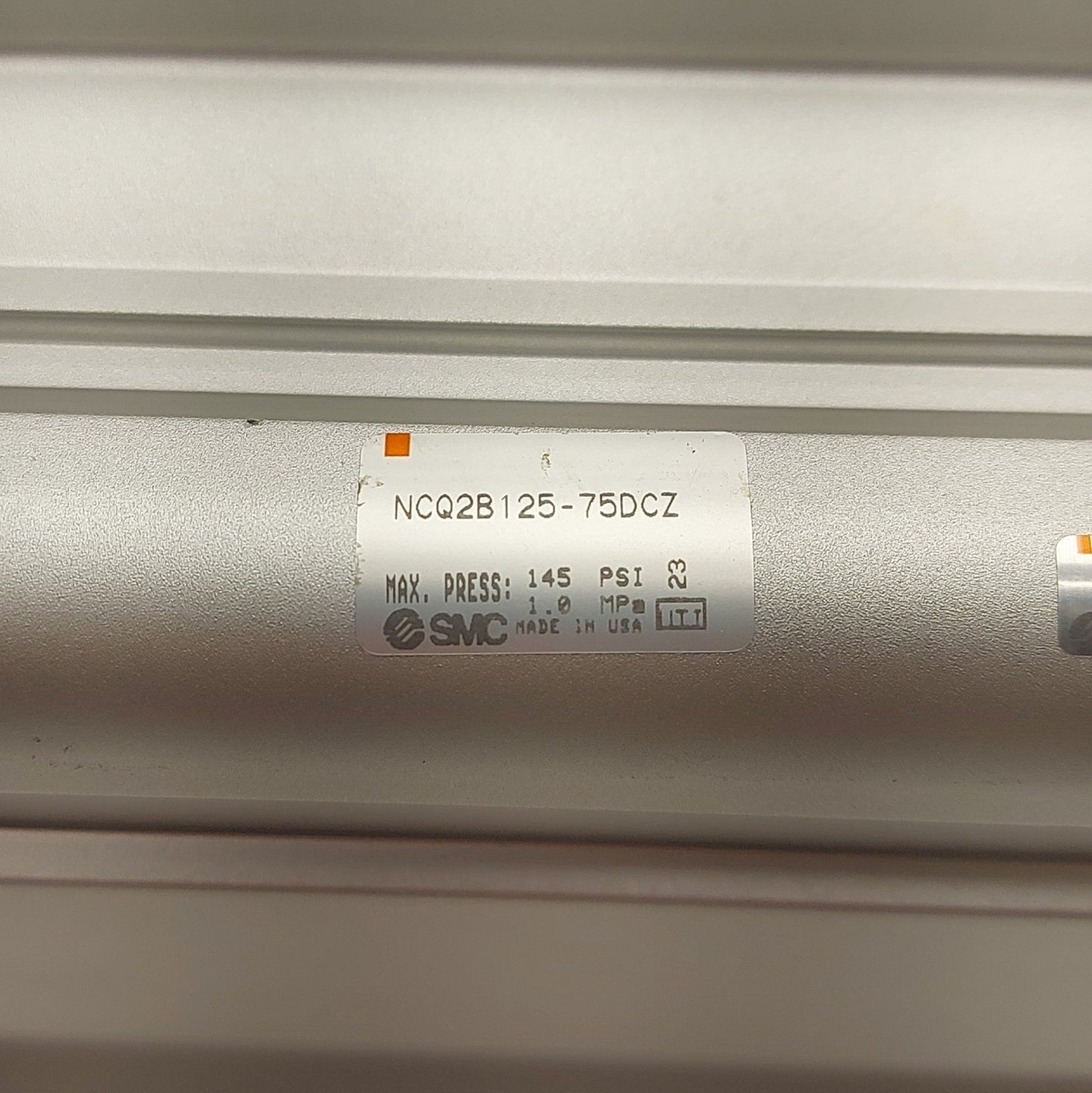 Used SMC NCQ2B125-75DCZ Pneumatic Cylinder, 75mm Stroke, 125mm Bore, 3/8"Rc, 145PSI