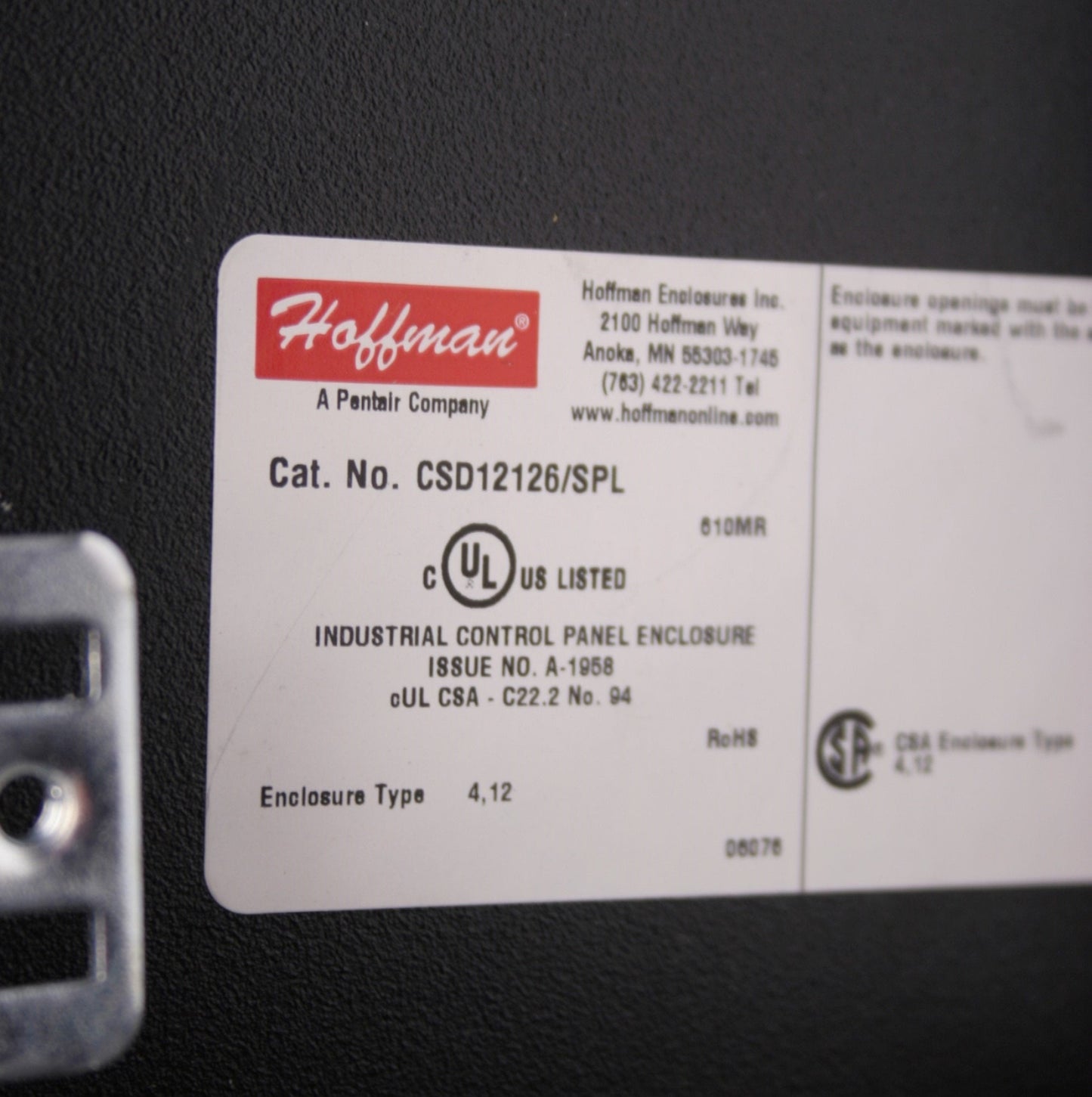 Used Hoffman CSD12126/SPL Electrical Enclosure Cabinet Panel Box 12" x 12" x 6" Holes
