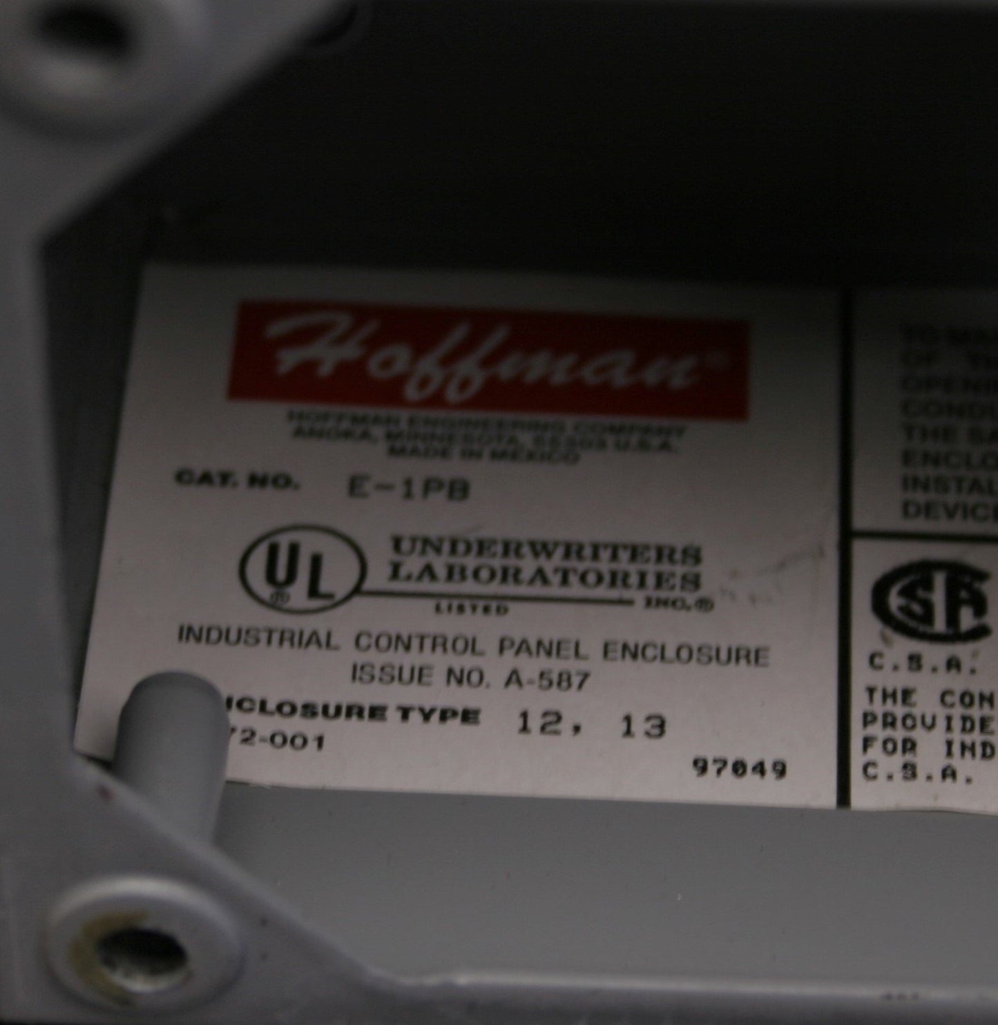 Used Hoffman E-1PB Push-Button Enclosure 3.5"(L) x 3.25"(W) x 2-3/4"(D), NEMA 12, 13