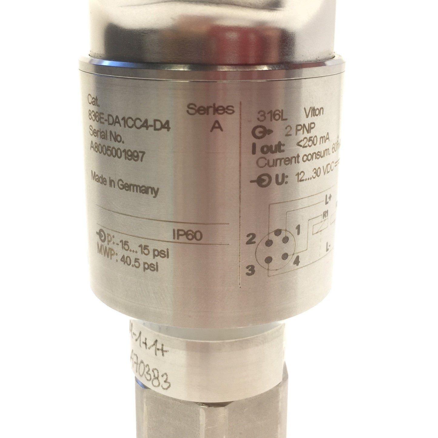 Used Allen Bradley 836E-DC1CC1-D4 Pressure Switch PNP, -15 to 15PSI 1/4" NPT 12-30VDC