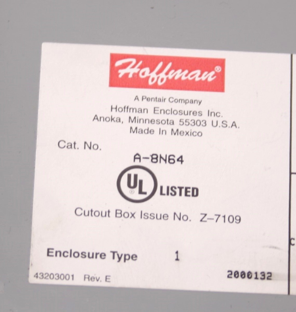 Used Hoffman A-8N64 Electrical Enclosure, 8" x 6" x 4", Steel, *Holes Added*