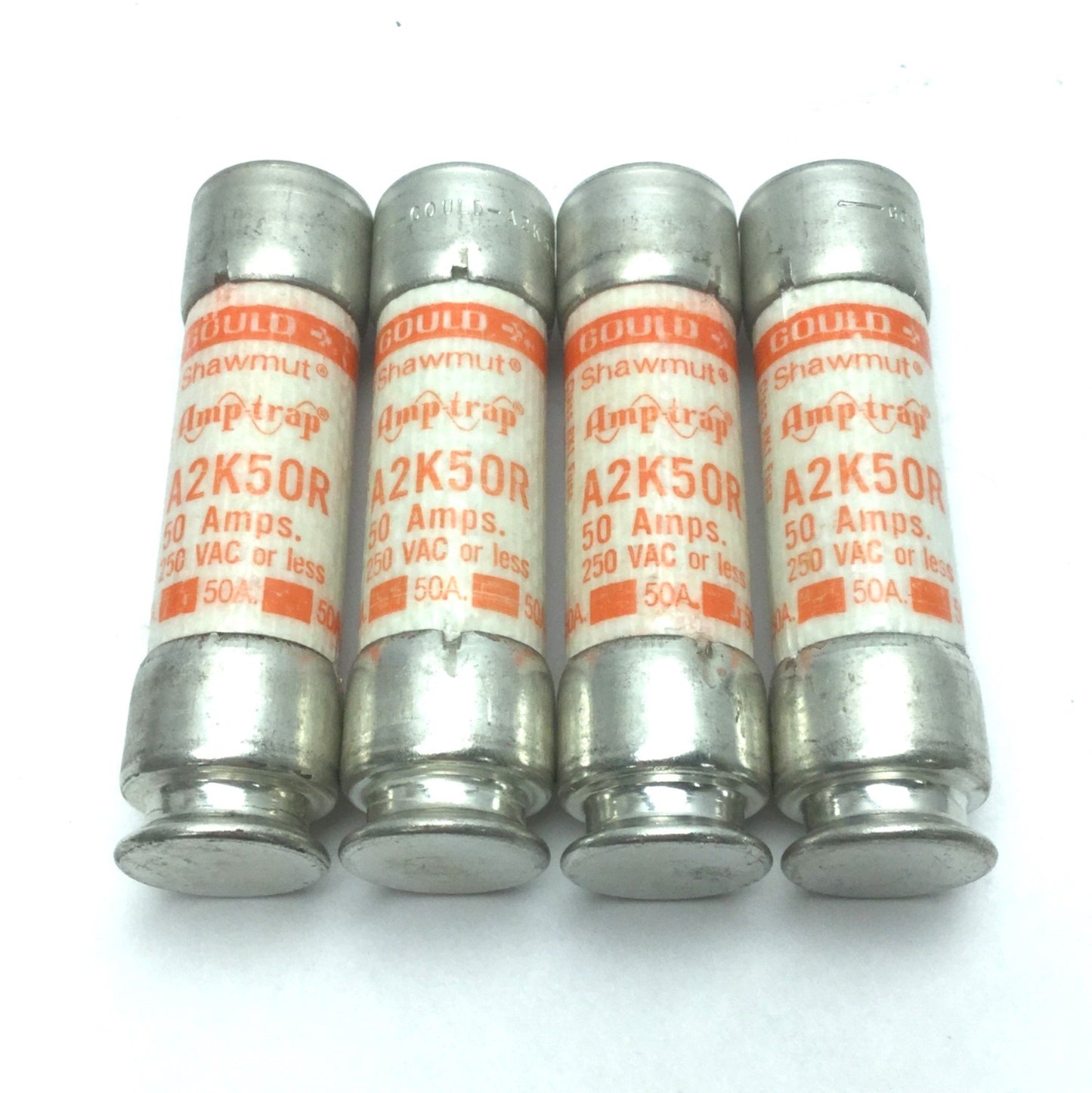 Used Lot of 4 Gould Shawmut Amp-trap A2K50R 50 Amp Fuses, 3" x 0.8", 250 VAC Or Less