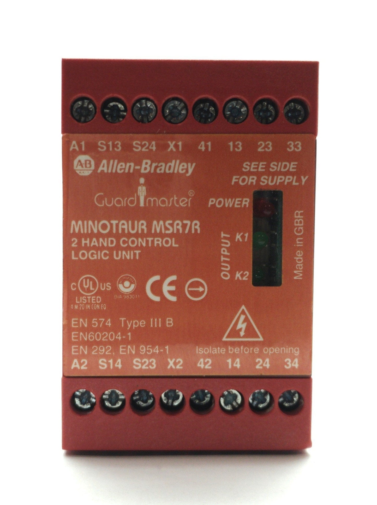 Used Allen Bradley 440R-D23021 Guardmaster Two Hand Safety Relay, 3-Pole NO, 24VAC/DC