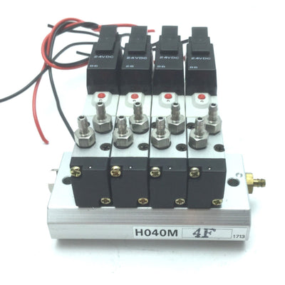 Used Bank of 4 Humphrey H040-4E1 Air Valves w H040M-4F Manifold, 24 VDC, 28.5-100 PSI