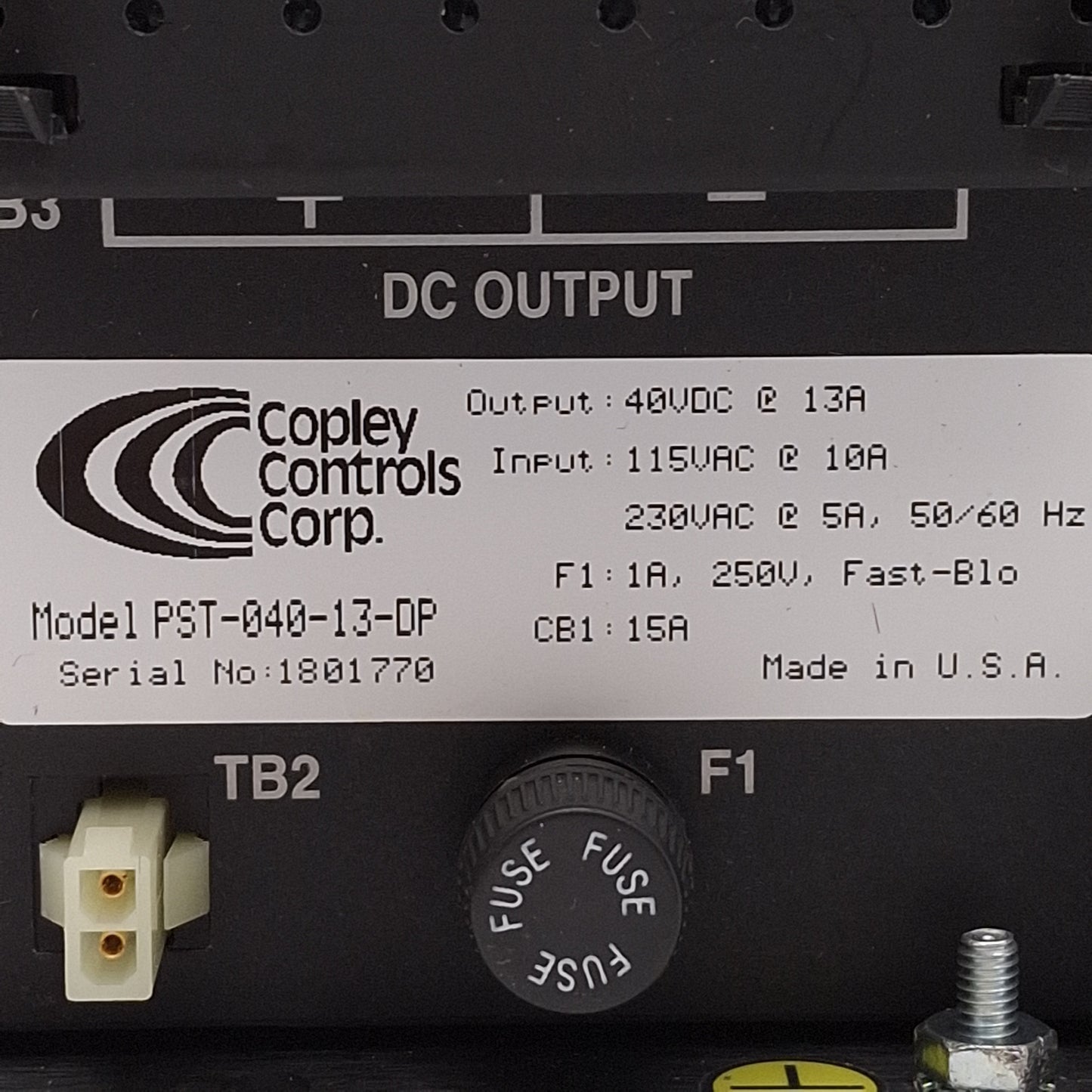 Used Copley Controls PST-040-13-DP Power Supply, Out: 40VDC @13A, In: 115VAC @ 10A