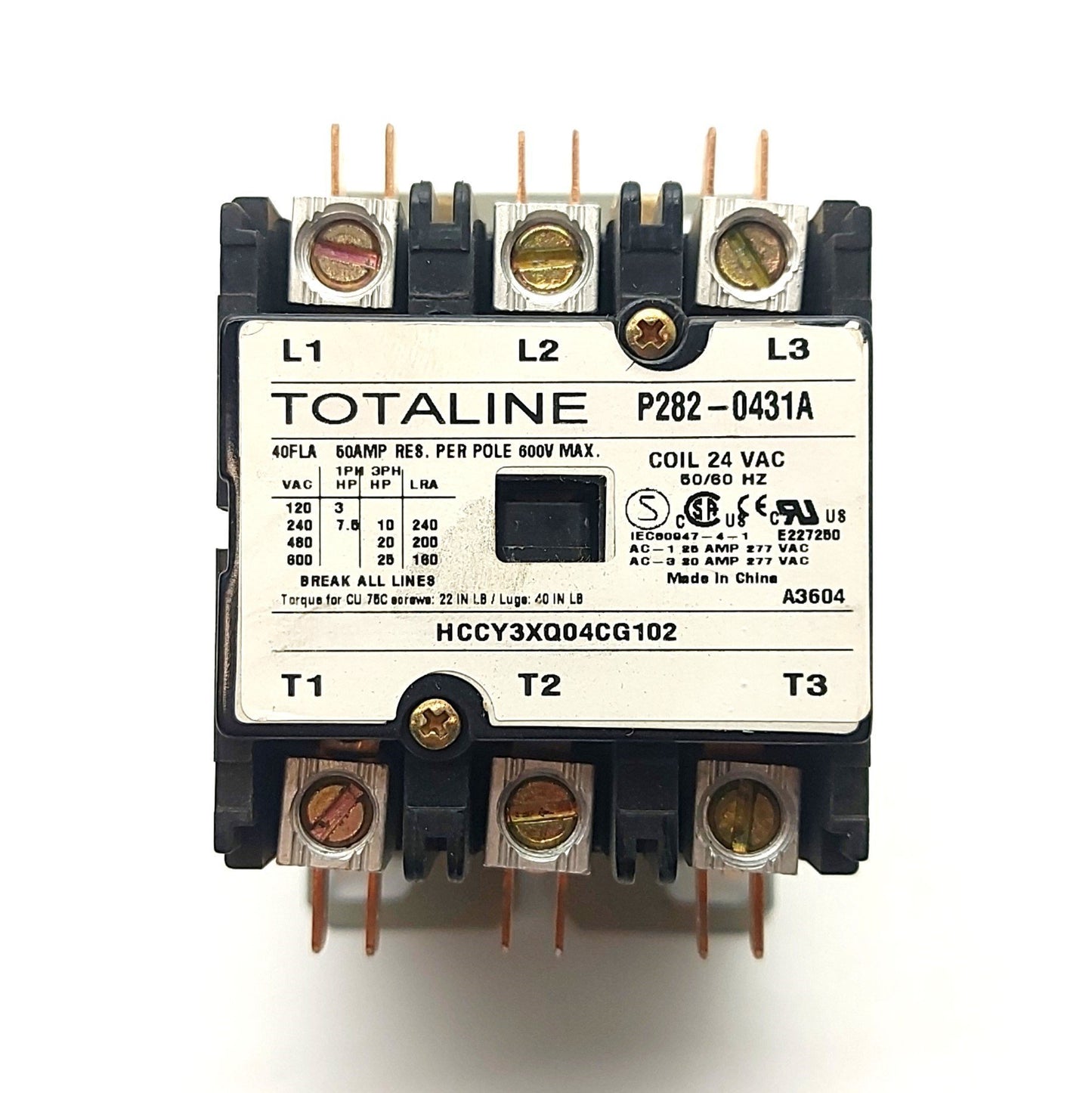 New – Open box TOTALINE P282-0431A HVAC Contactor, 3-Pole, 600VAC 50A, 24VAC 50/60Hz Coil