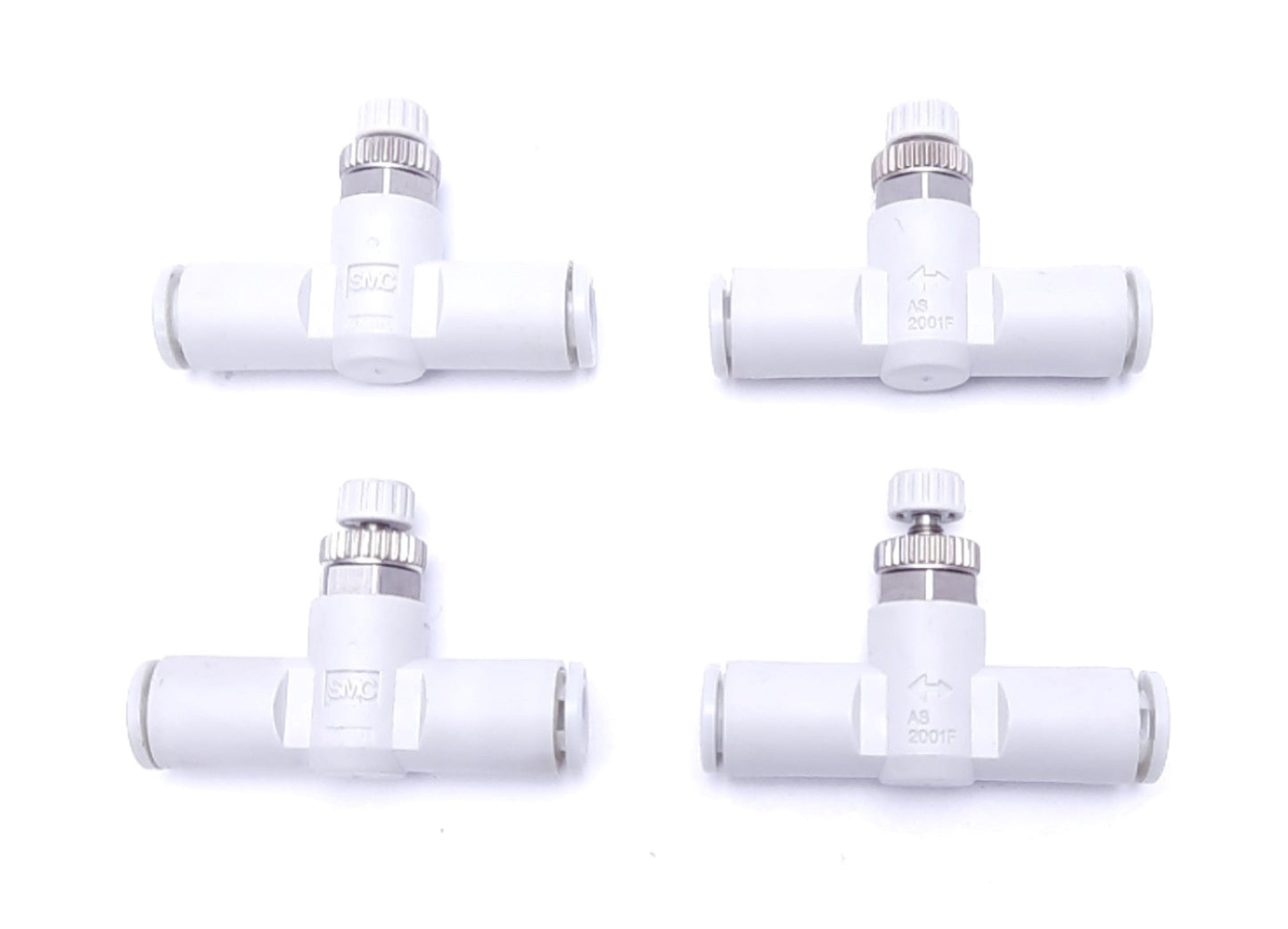 Used Lot of 4 SMC AS2001F Flow Control Valves, 1 MPa Maximum, In-Line Type, 6mm