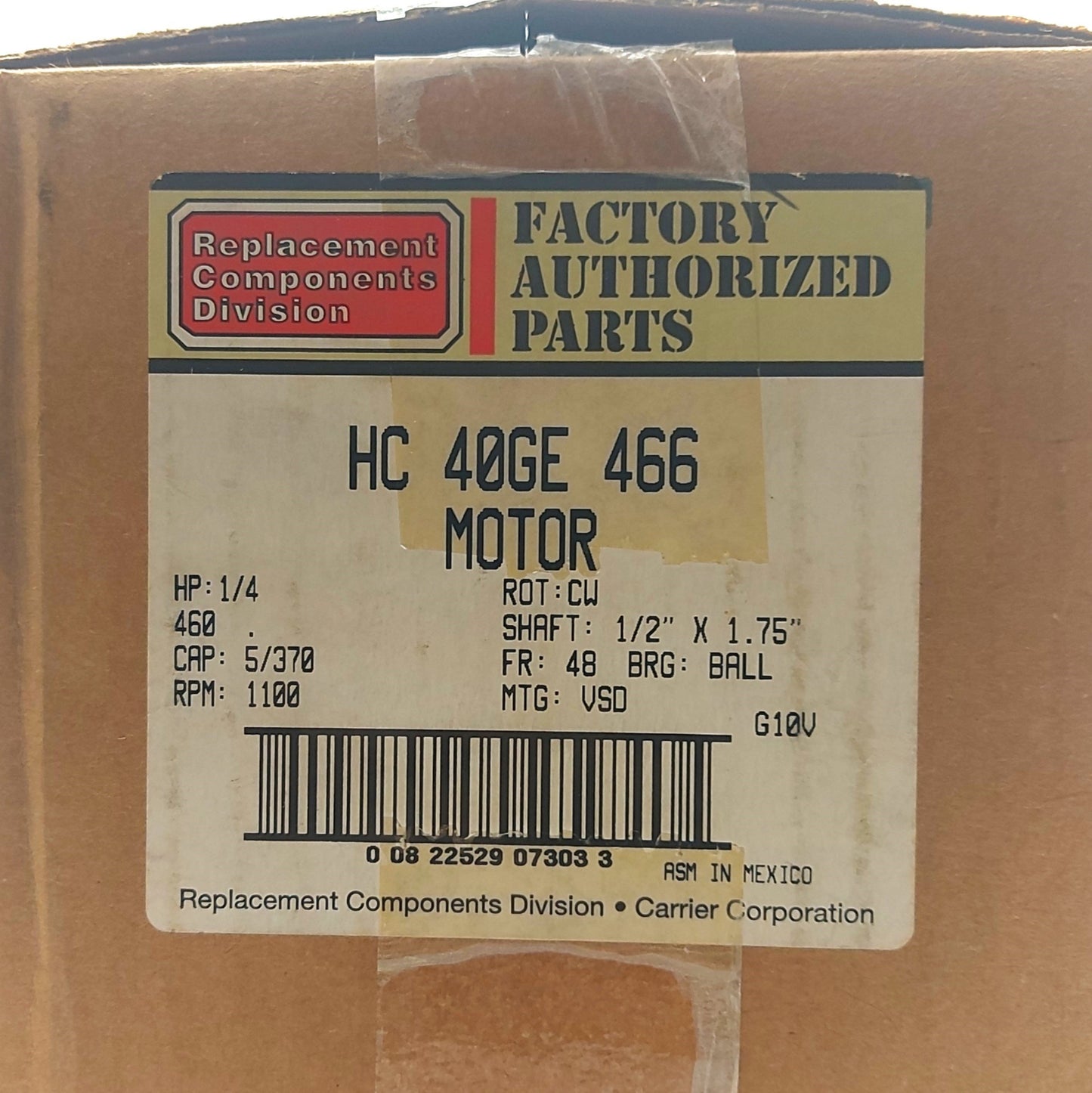New – Open box Carrier HC40GE466 Condenser Fan Motor, 1/4HP, 1100RPM, 1/2"Shaft, 1-Phase 460VAC
