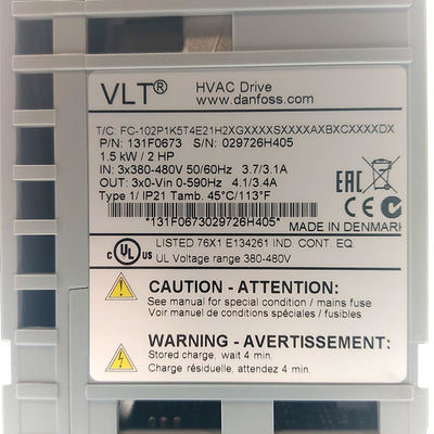 New – Open box Danfoss FC102P1K5T4E21H2XG VLT HVAC Motor Drive Out: 1.5kW/2HP In: 3Ø 380-480VAC