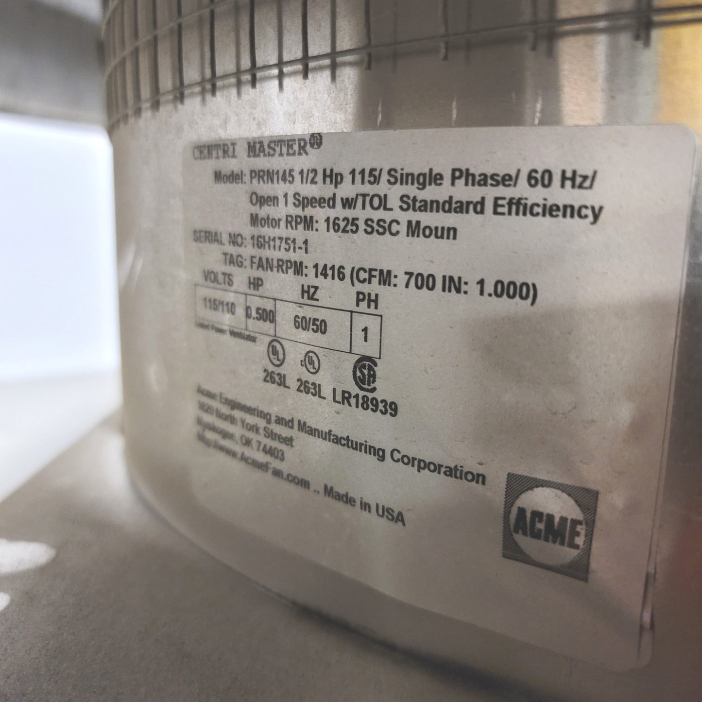 Used Centri Master PRN145 Direct Drive Centrifugal Exhaust Fan 120V 1/2HP 700CFM@1"