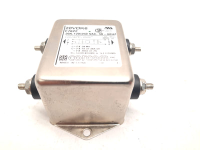 Used Corcom 20VDK6 F7622 EMI Single Phase Power Line Filter, 120/250VAC, 50-60Hz, 20A