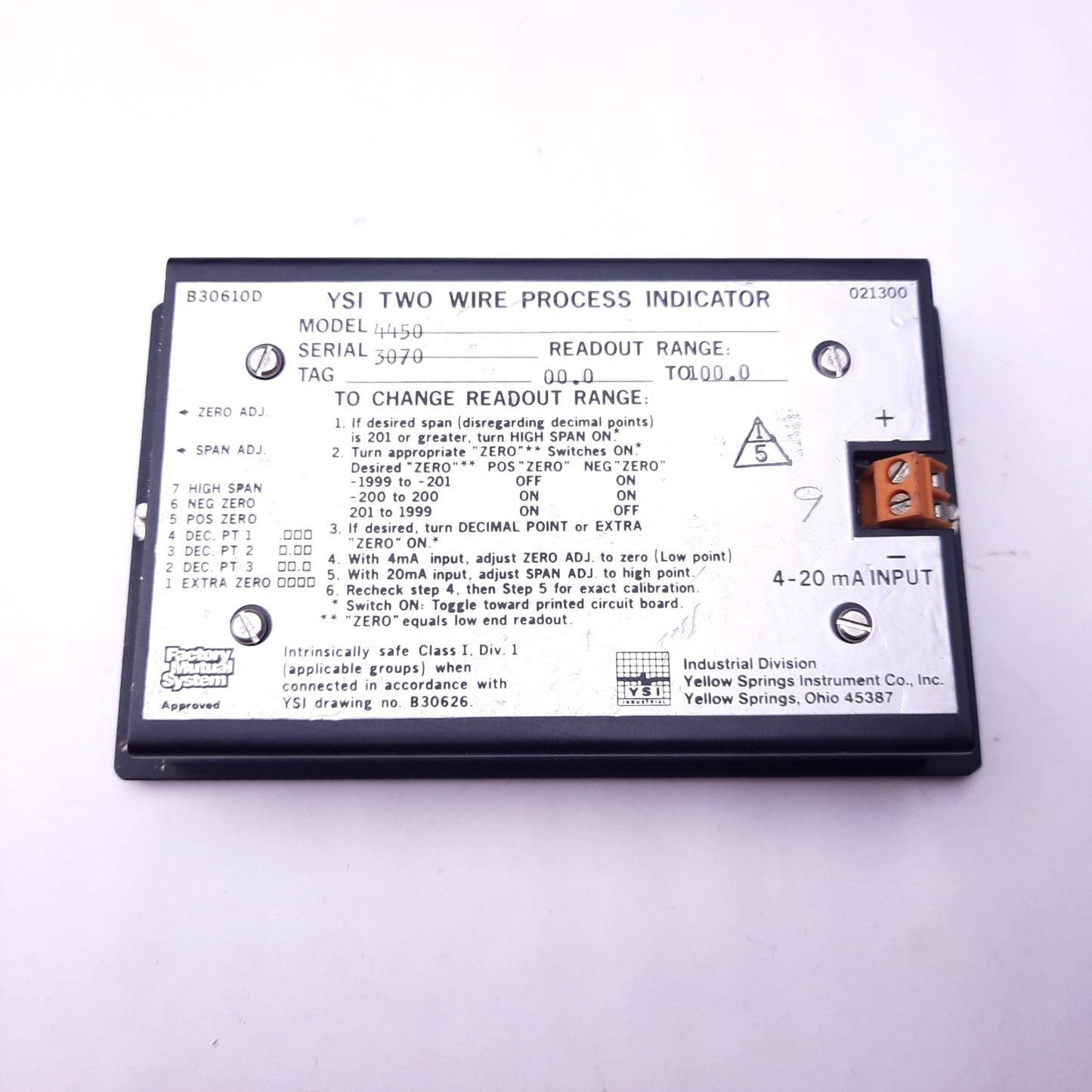 Used Yellow Springs Instrument 4450 Two-Wire Process Indicator Panel Display, 0-100.0