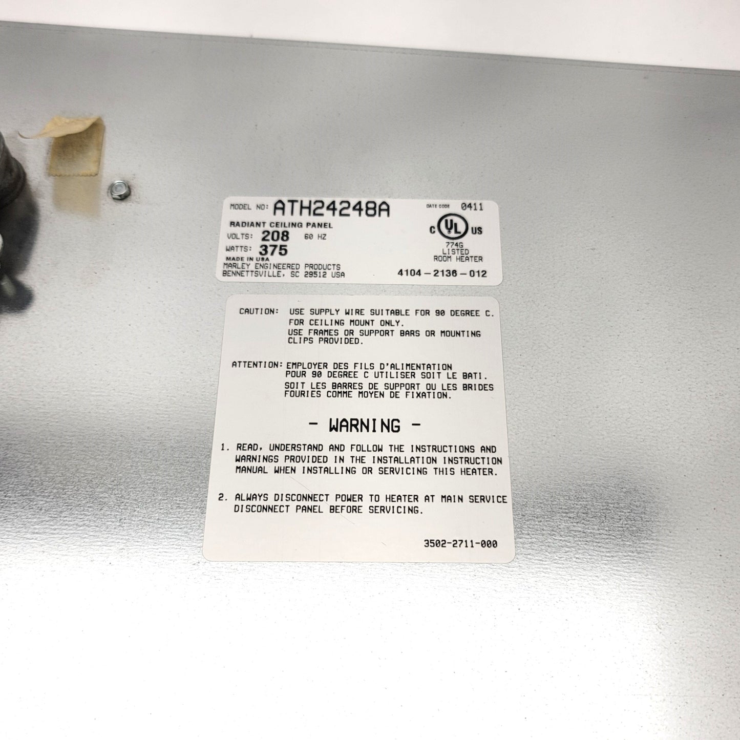 New – Open box Marley Berko CP378 Radiant Ceiling Panel Heater 208VAC 1.8A 375W 1,280BTU/Hr