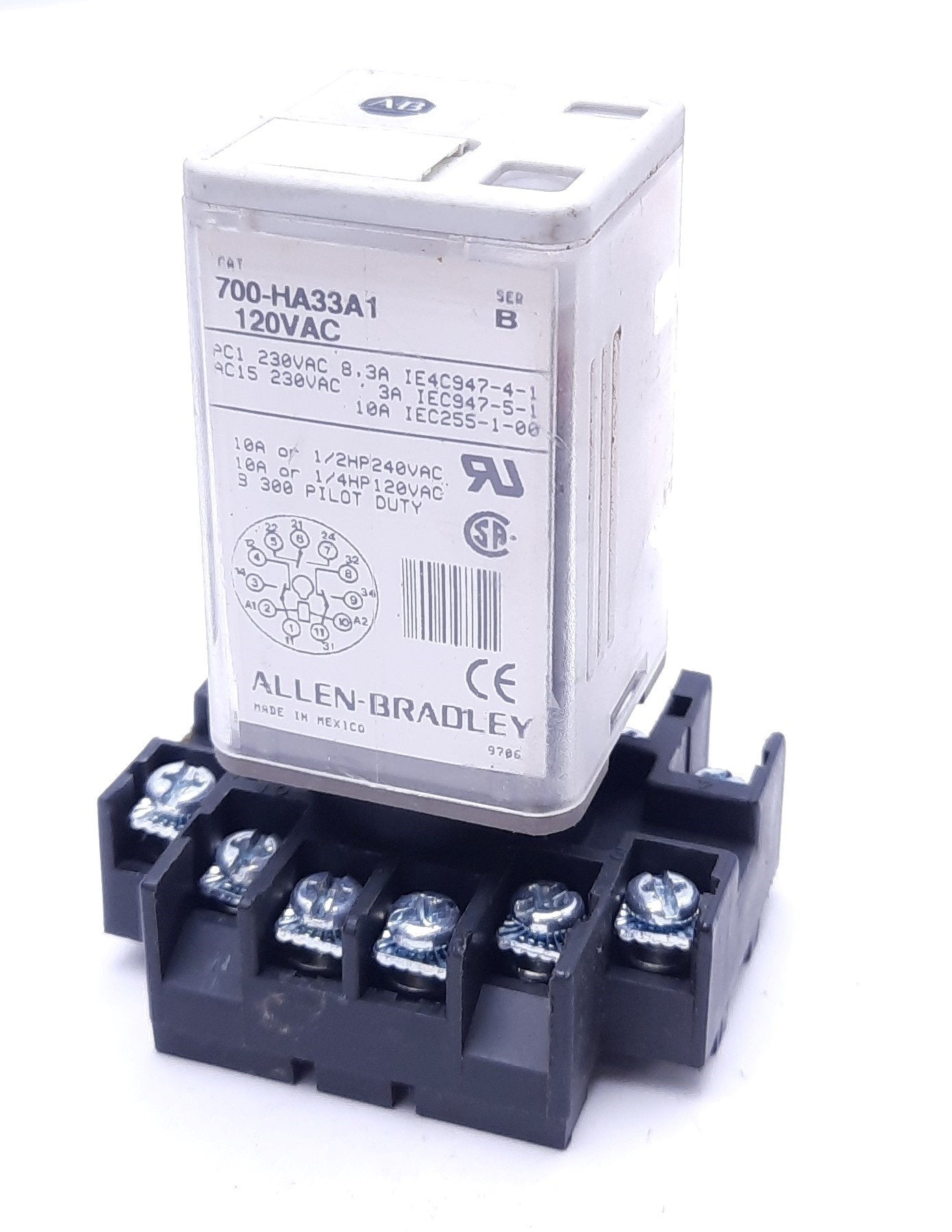 Used Allen-Bradley 700-HA33A1 Relay With CAT 700-HN126 Ser A Base, 3PDT, 120VAC Coil