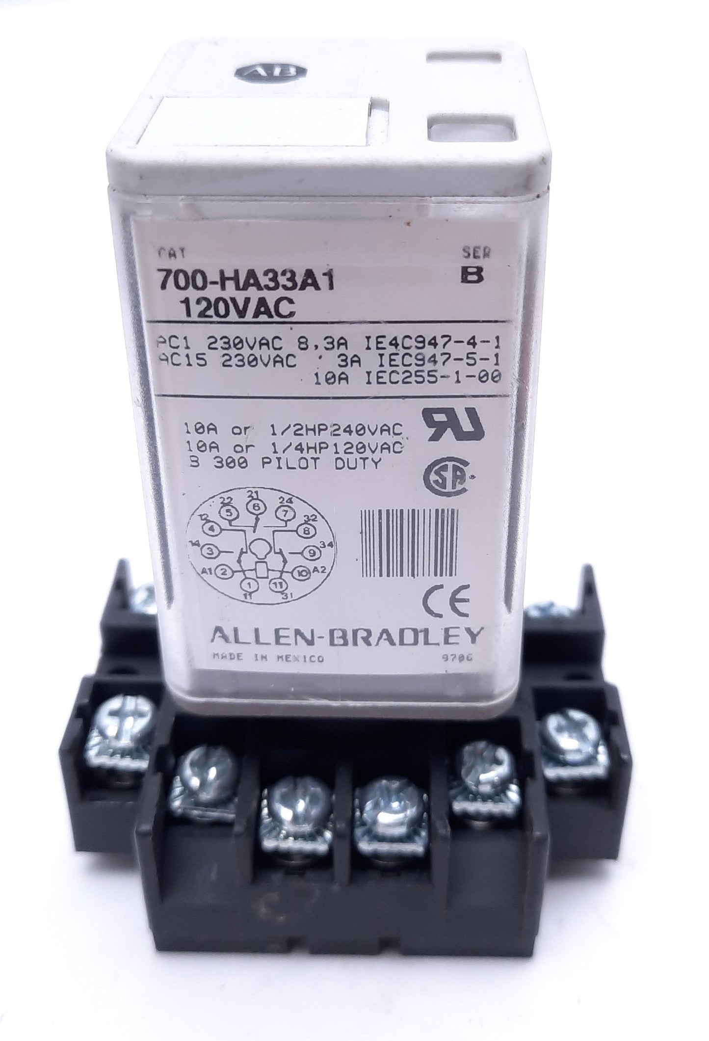 Used Allen-Bradley 700-HA33A1 Relay With CAT 700-HN126 Ser A Base, 3PDT, 120VAC Coil