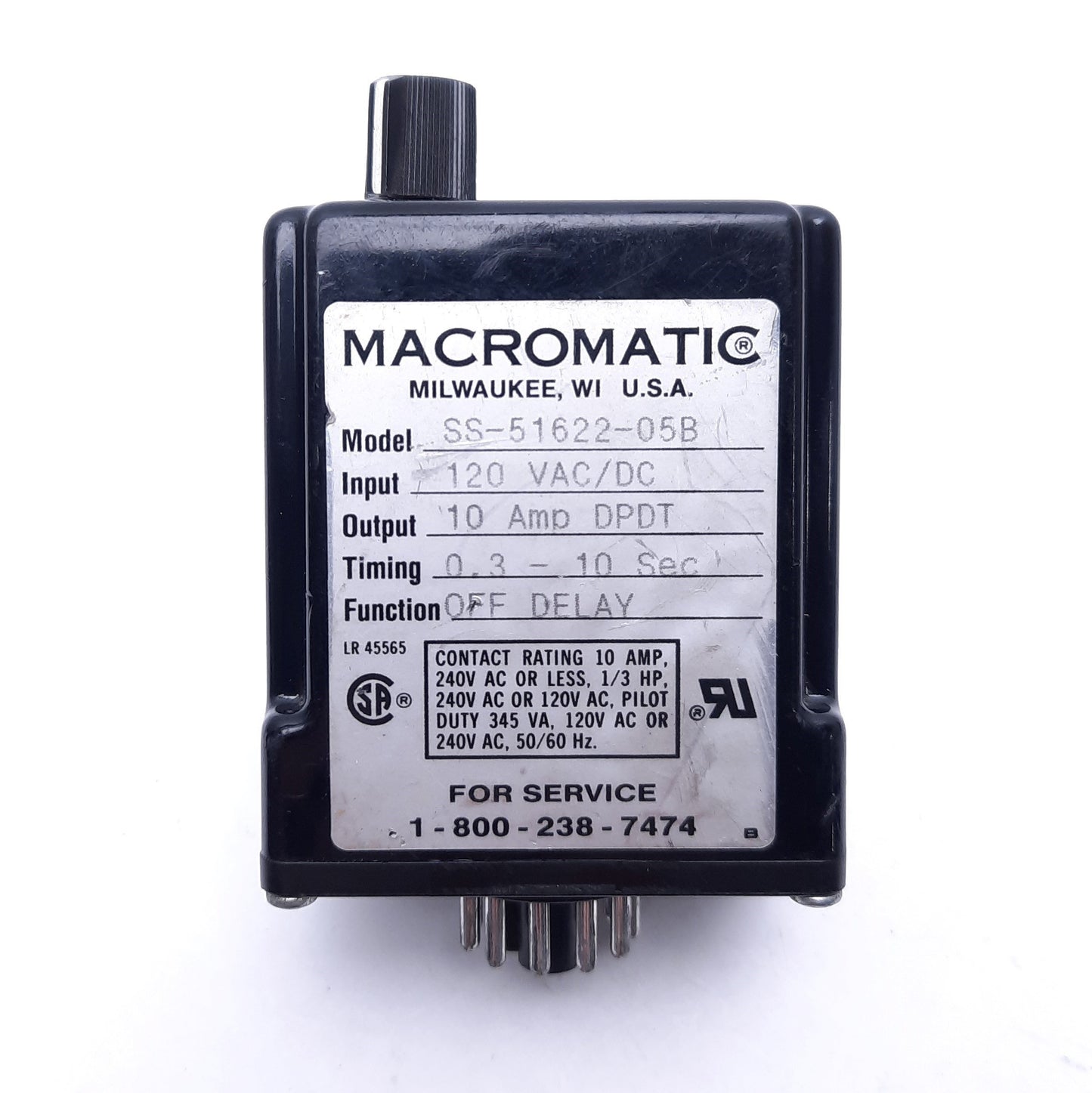 Used Macromatic SS-51622-05B Time Delay/Off Relay, 120VAC/DC, 0.3-10 Sec, 10A DPDT